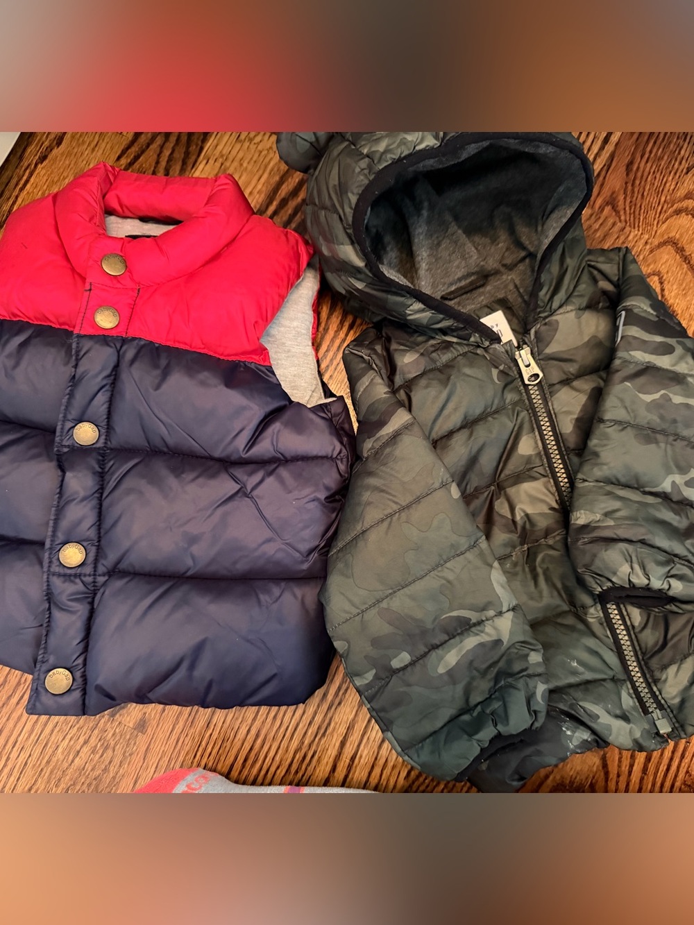 GAP Kids Camo Hooded Puffer Jacket and Vest - 12-18 months - lot of 2